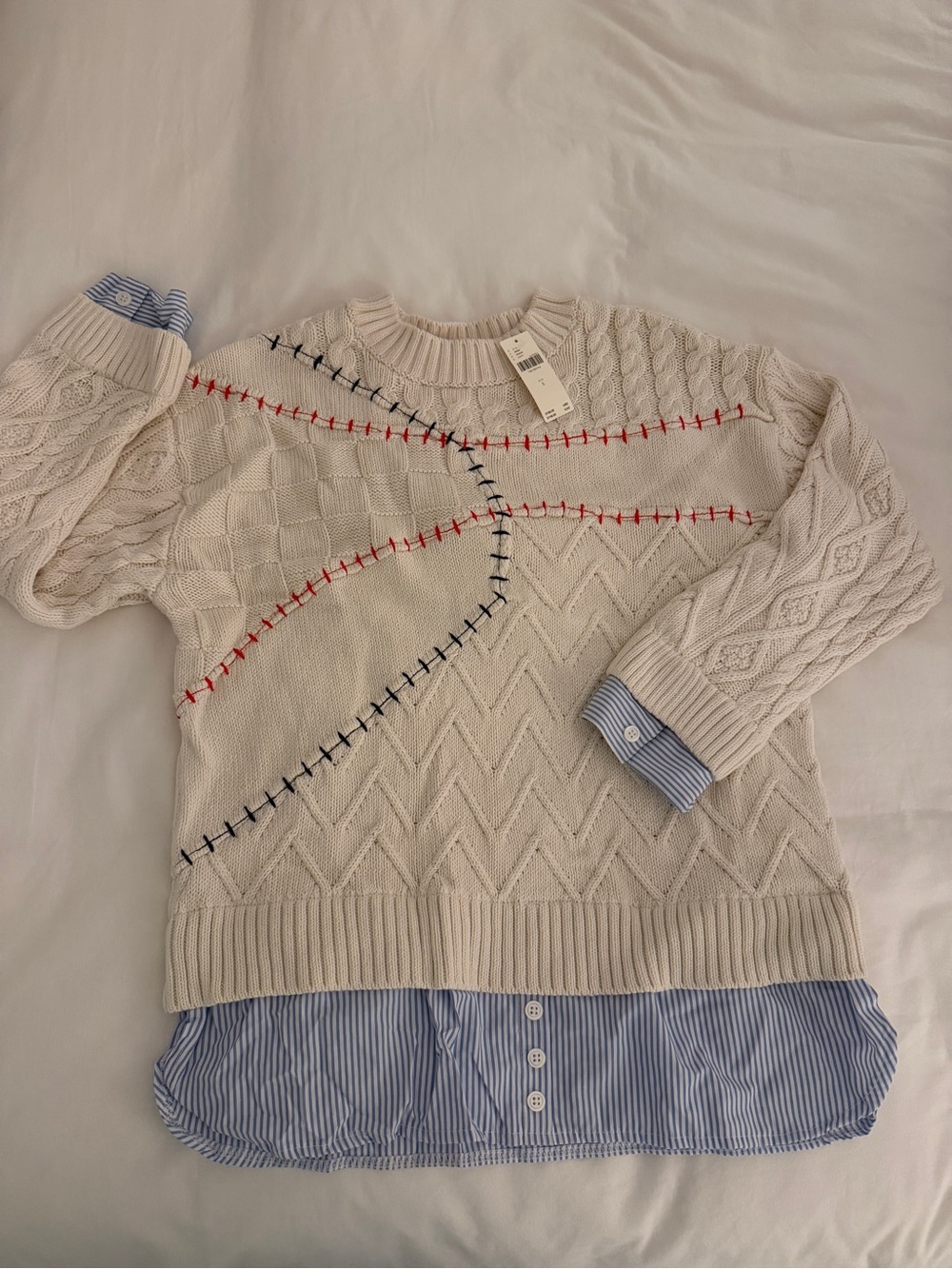 Anthropologie Cream Cable Knit Sweater with Red & Navy Stitching